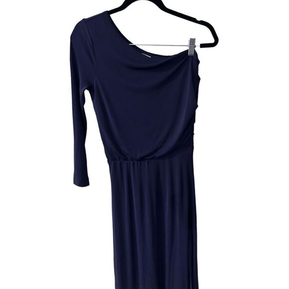 Halston Heritage Navy Blue Asymmetrical Drape Single Sleeve Maxi Dress Size XS - Picture 5 of 6